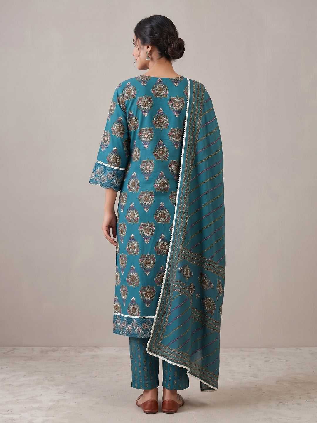 Peacock Blue Cotton Embroidered Salwar Suit Set - Image 5
