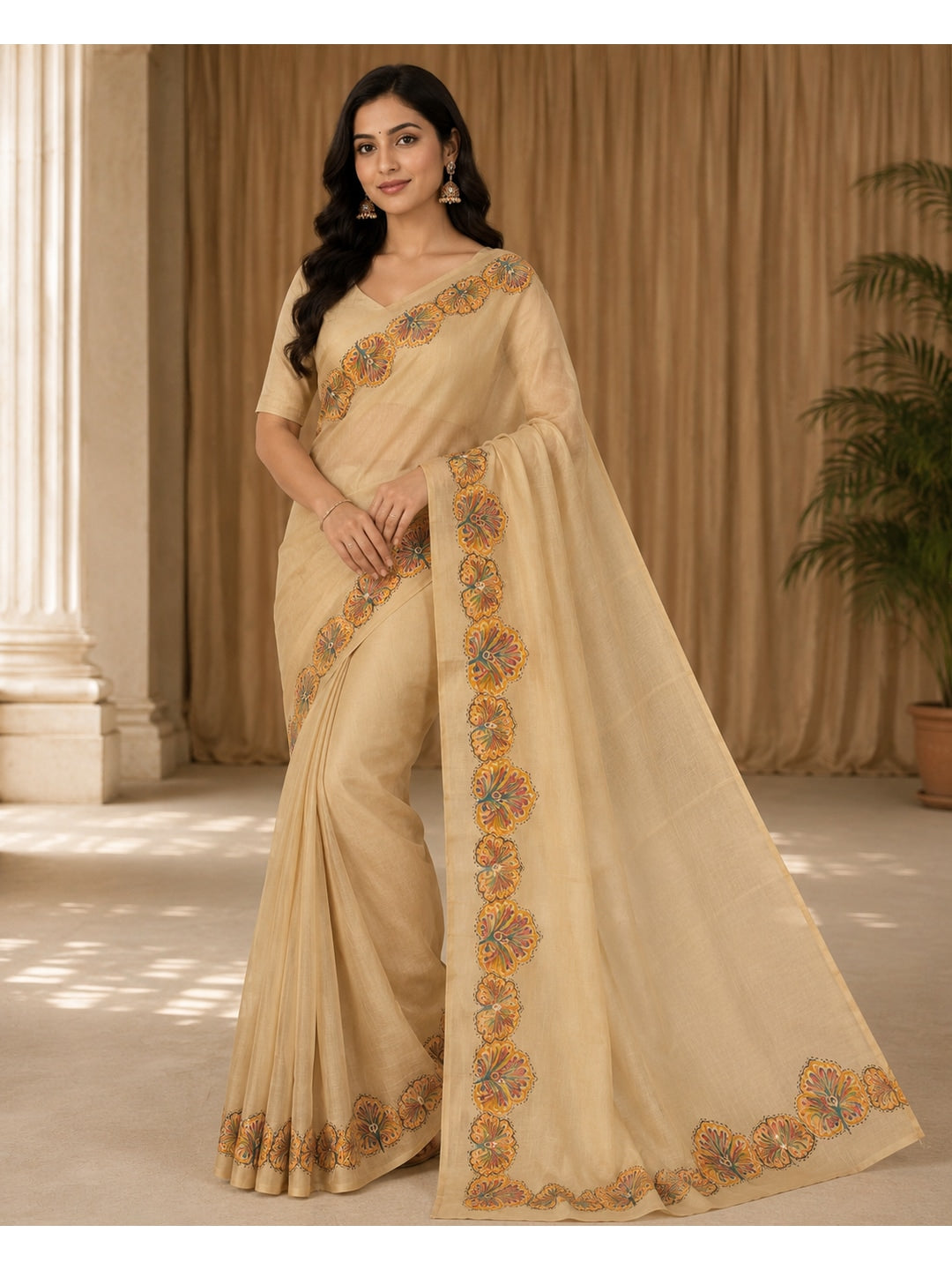 Peachmode Beige Tissue Silk Floral Embroidered Saree A - Image 1