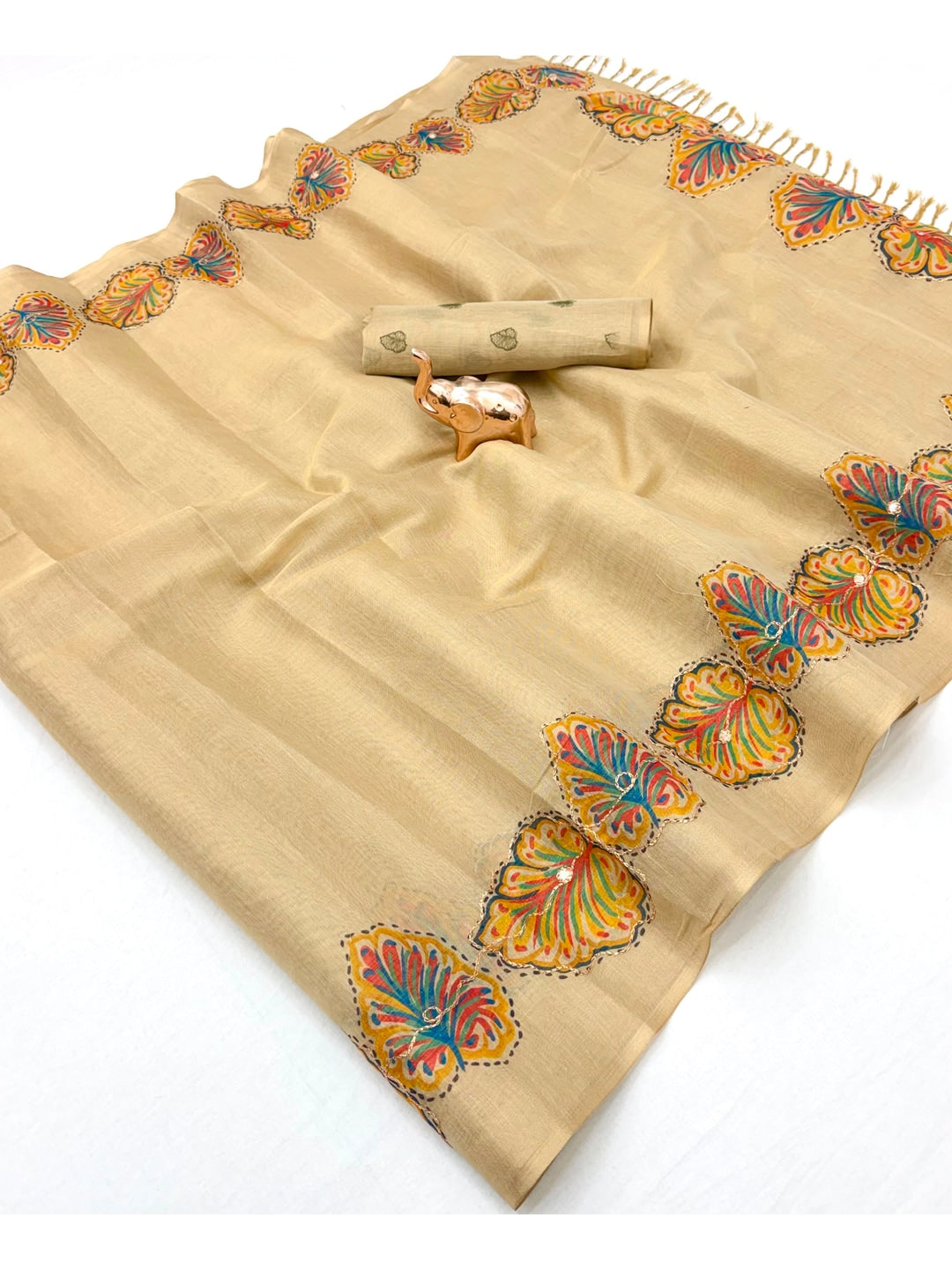 Peachmode Beige Tissue Silk Floral Embroidered Saree A - Image 2