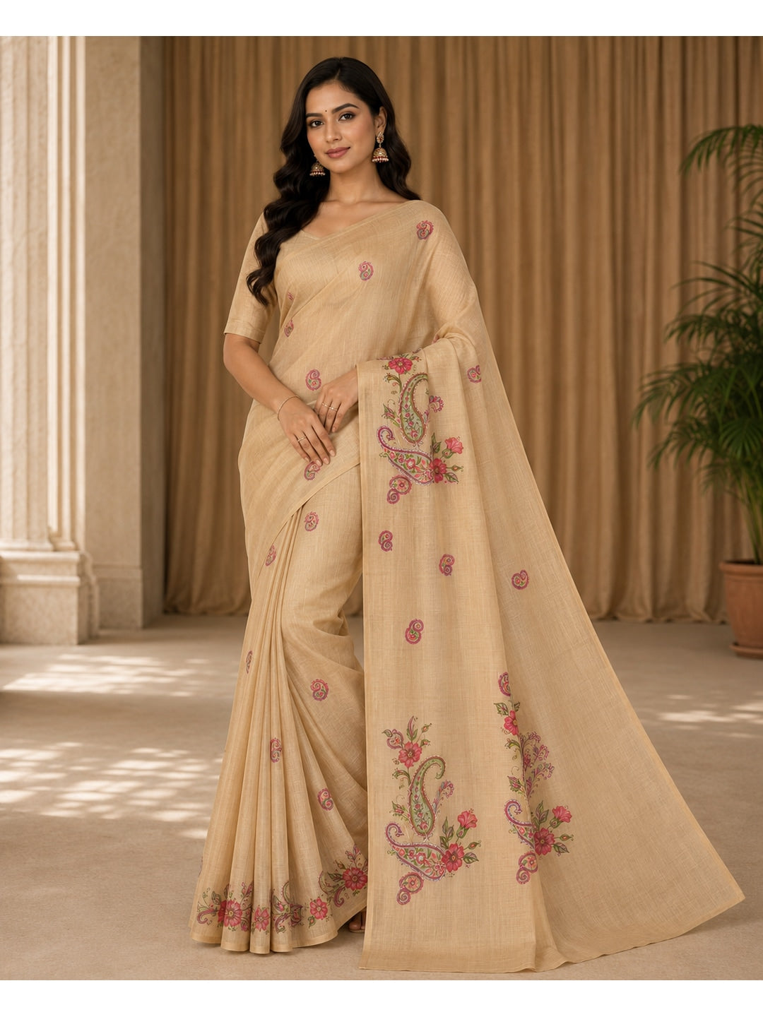 Peachmode Beige Tissue Silk Floral Embroidered Saree B - Image 1