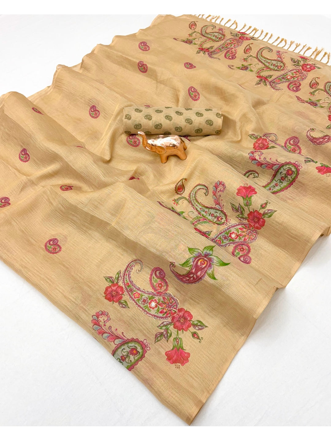 Peachmode Beige Tissue Silk Floral Embroidered Saree B - Image 3
