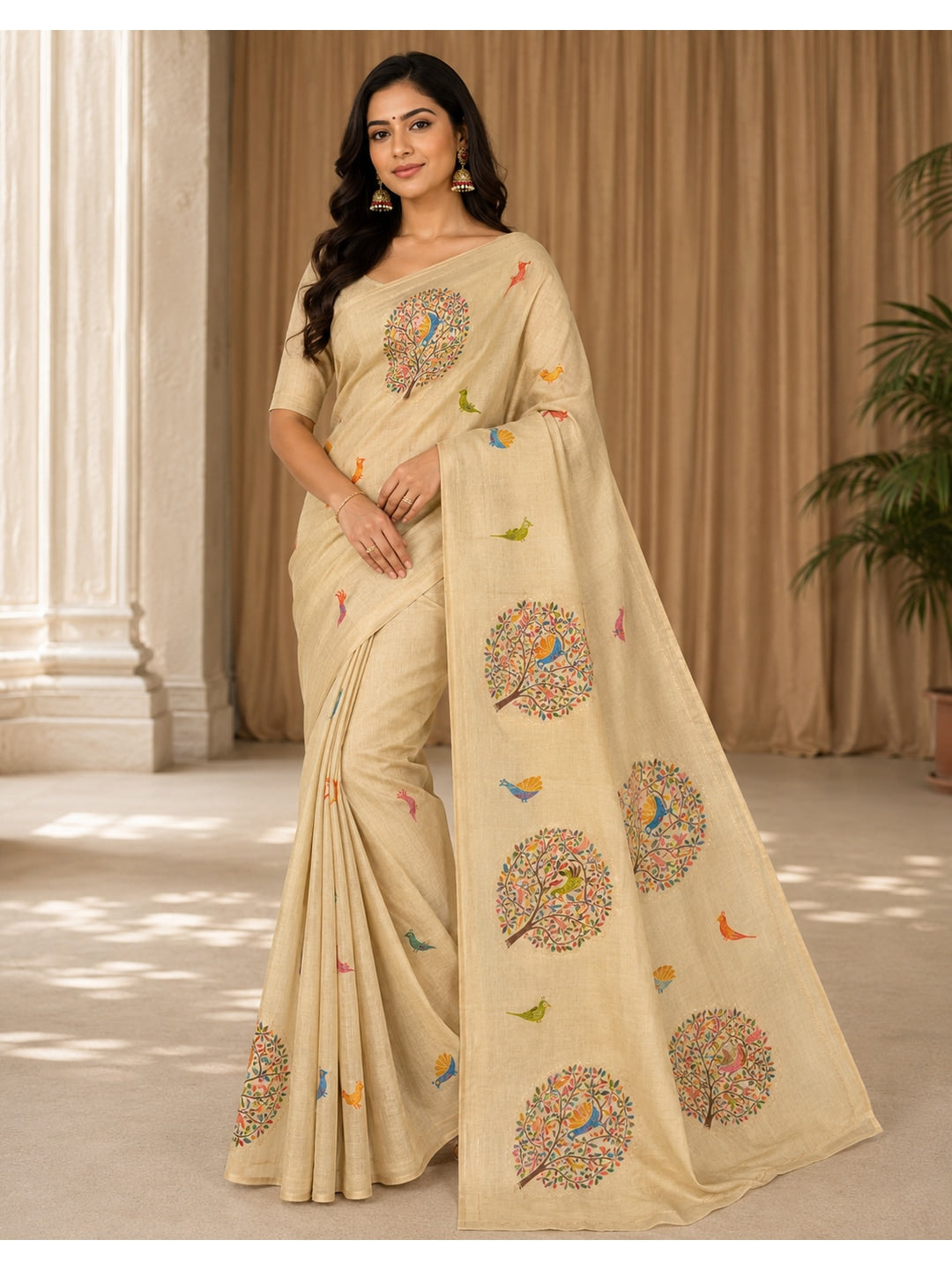 Peachmode Beige Tissue Silk Floral Embroidered Saree C - Image 1