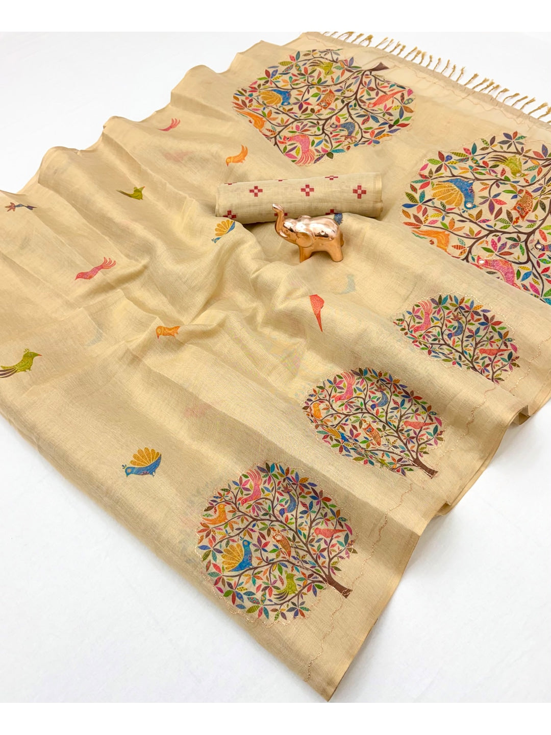 Peachmode Beige Tissue Silk Floral Embroidered Saree C - Image 3