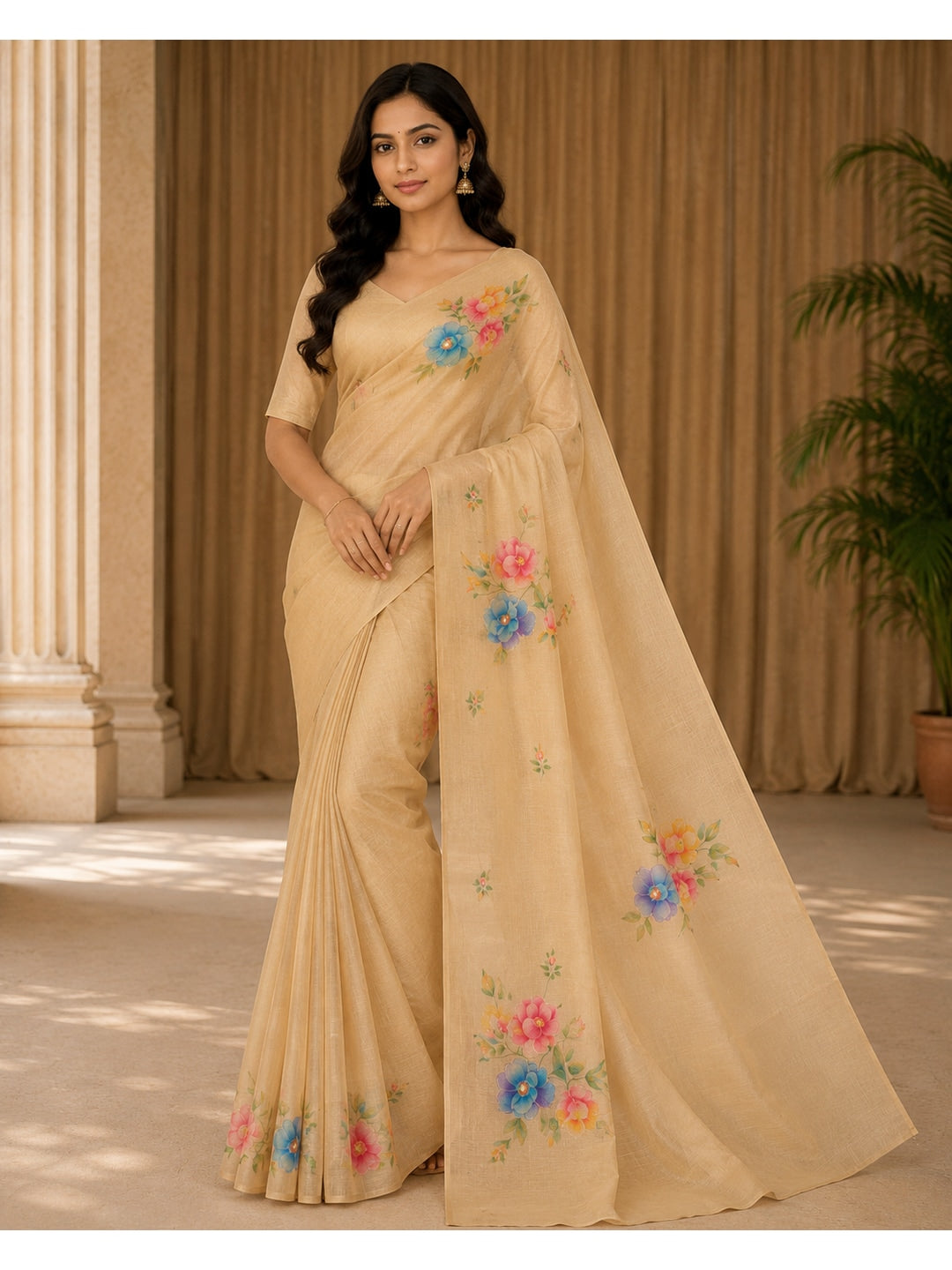 Peachmode Beige Tissue Silk Floral Embroidered Saree D - Image 1