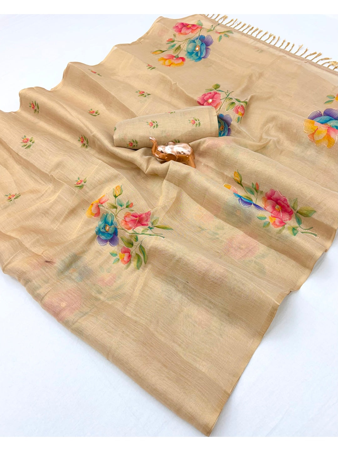 Peachmode Beige Tissue Silk Floral Embroidered Saree D - Image 2