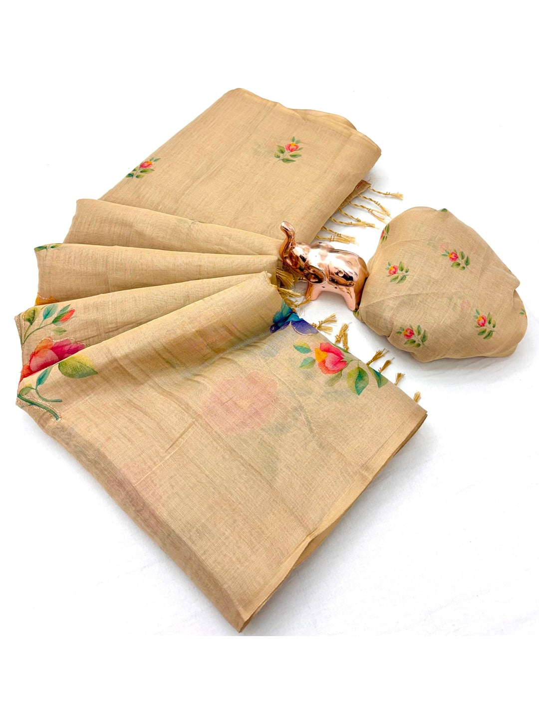 Peachmode Beige Tissue Silk Floral Embroidered Saree D - Image 3