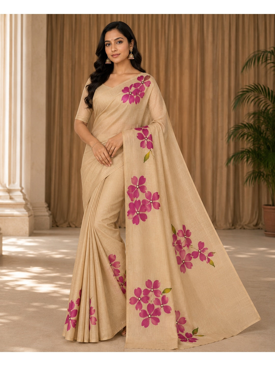 Peachmode Beige Tissue Silk Floral Embroidered Saree E - Image 1