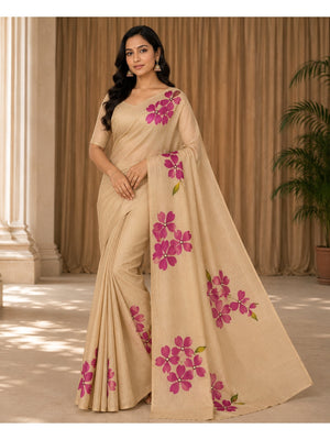 Peachmode Beige Tissue Silk Floral Embroidered Saree E - Image 1
