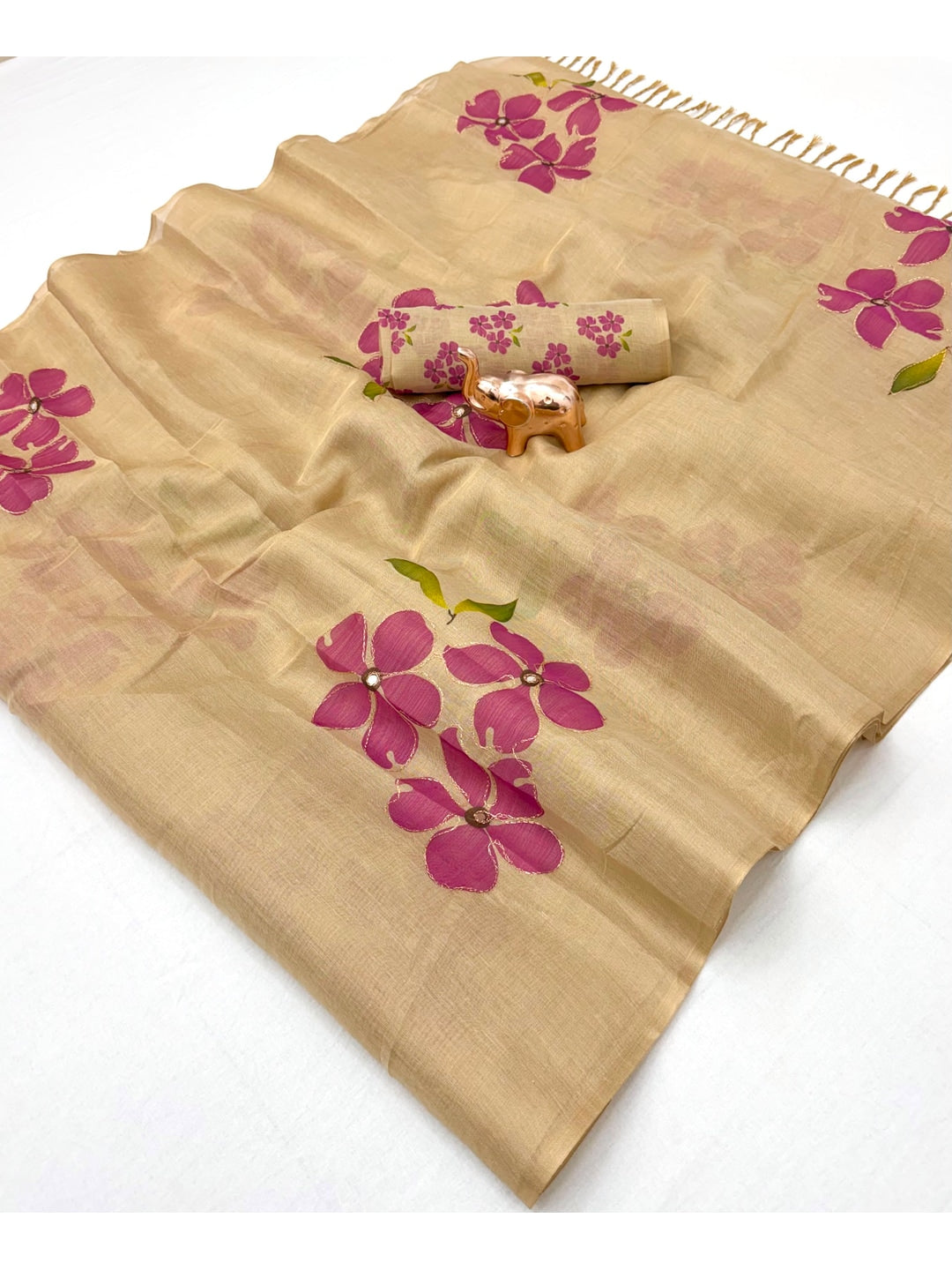 Peachmode Beige Tissue Silk Floral Embroidered Saree E - Image 2