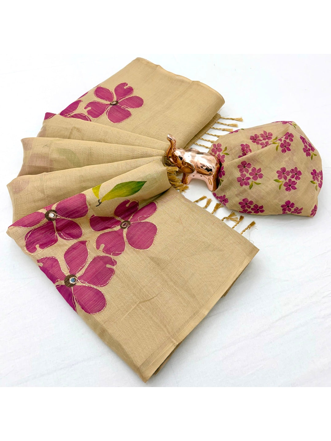 Peachmode Beige Tissue Silk Floral Embroidered Saree E - Image 3
