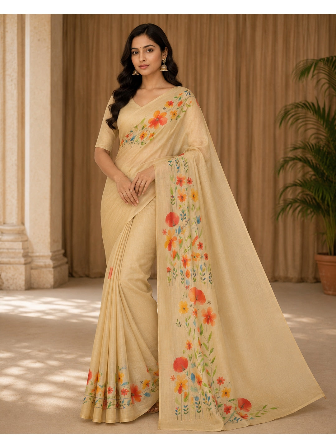Peachmode Beige Tissue Silk Floral Embroidered Saree F - Image 1