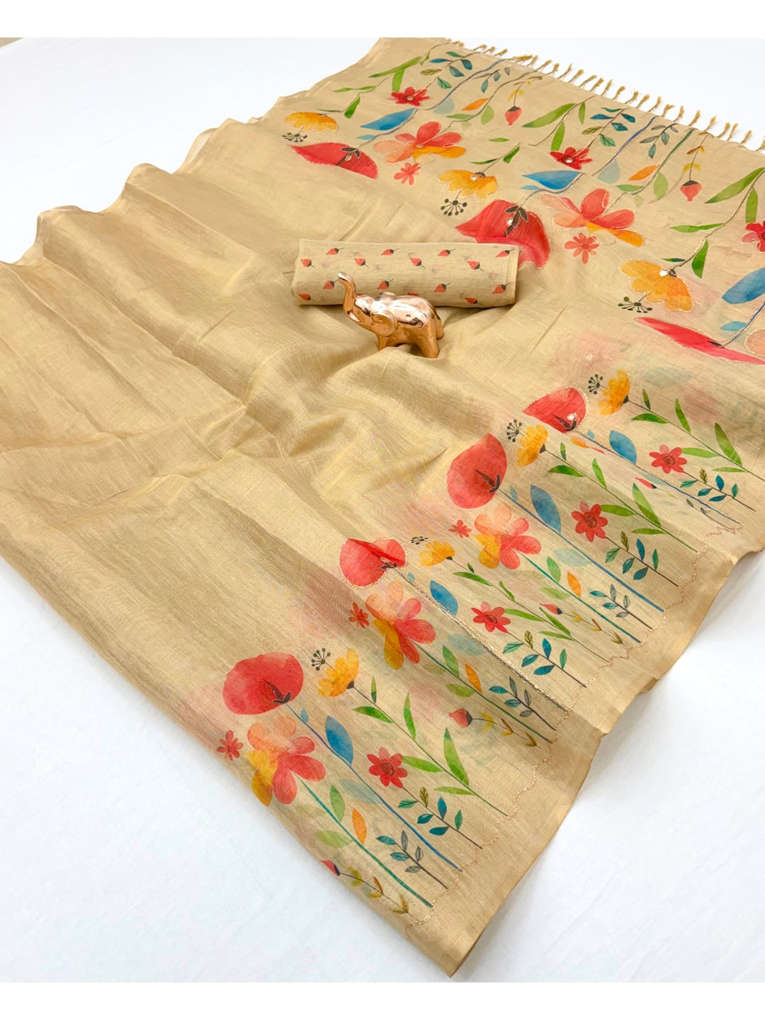 Peachmode Beige Tissue Silk Floral Embroidered Saree F - Image 2