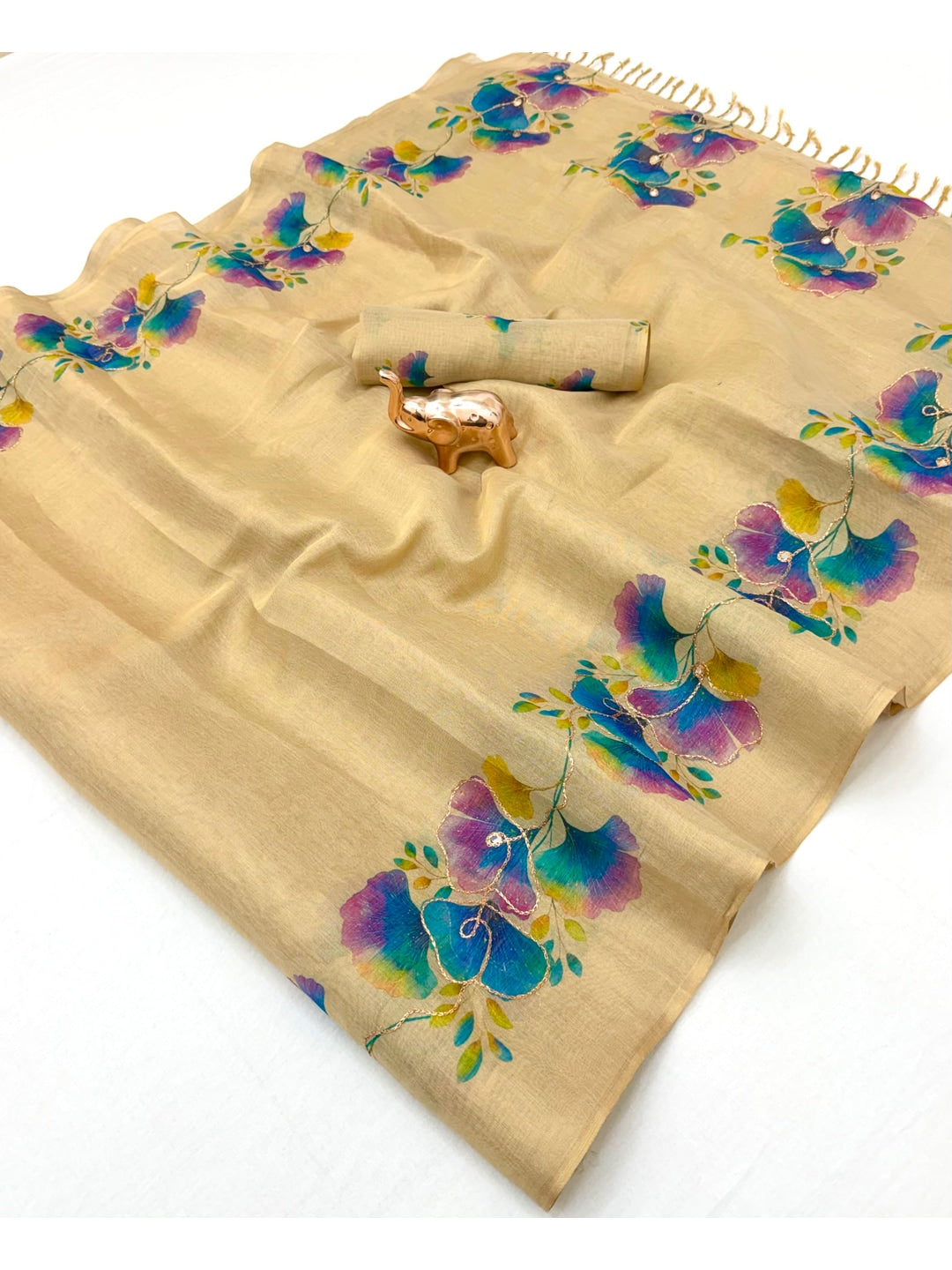 Peachmode Beige Tissue Silk Floral Embroidered Saree G - Image 2