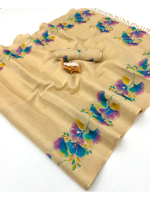 Peachmode Beige Tissue Silk Floral Embroidered Saree G - Image 2