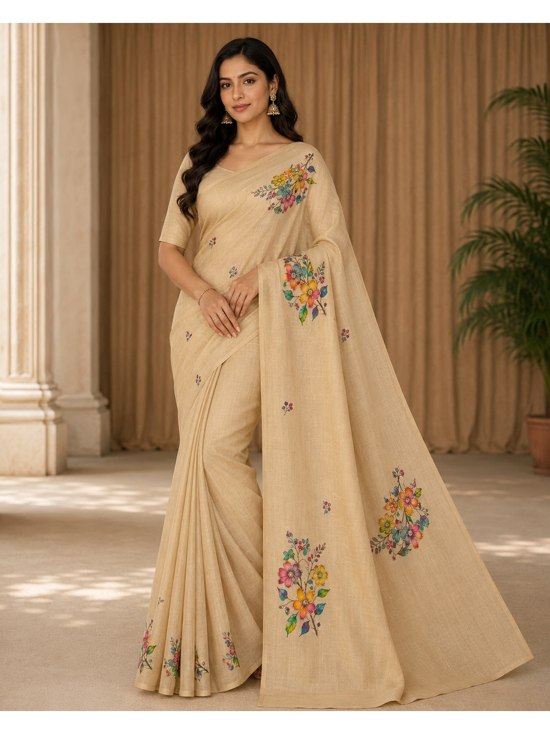 Peachmode Beige Tissue Silk Floral Embroidered Saree H - Image 1