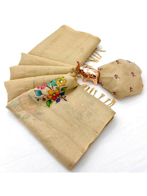 Peachmode Beige Tissue Silk Floral Embroidered Saree H - Image 2