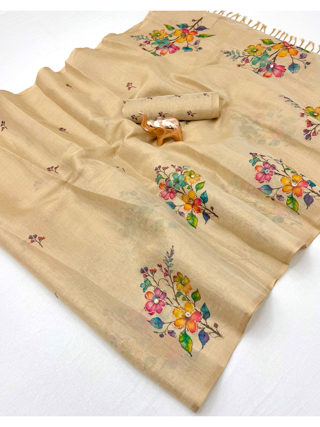 Peachmode Beige Tissue Silk Floral Embroidered Saree H - Image 3