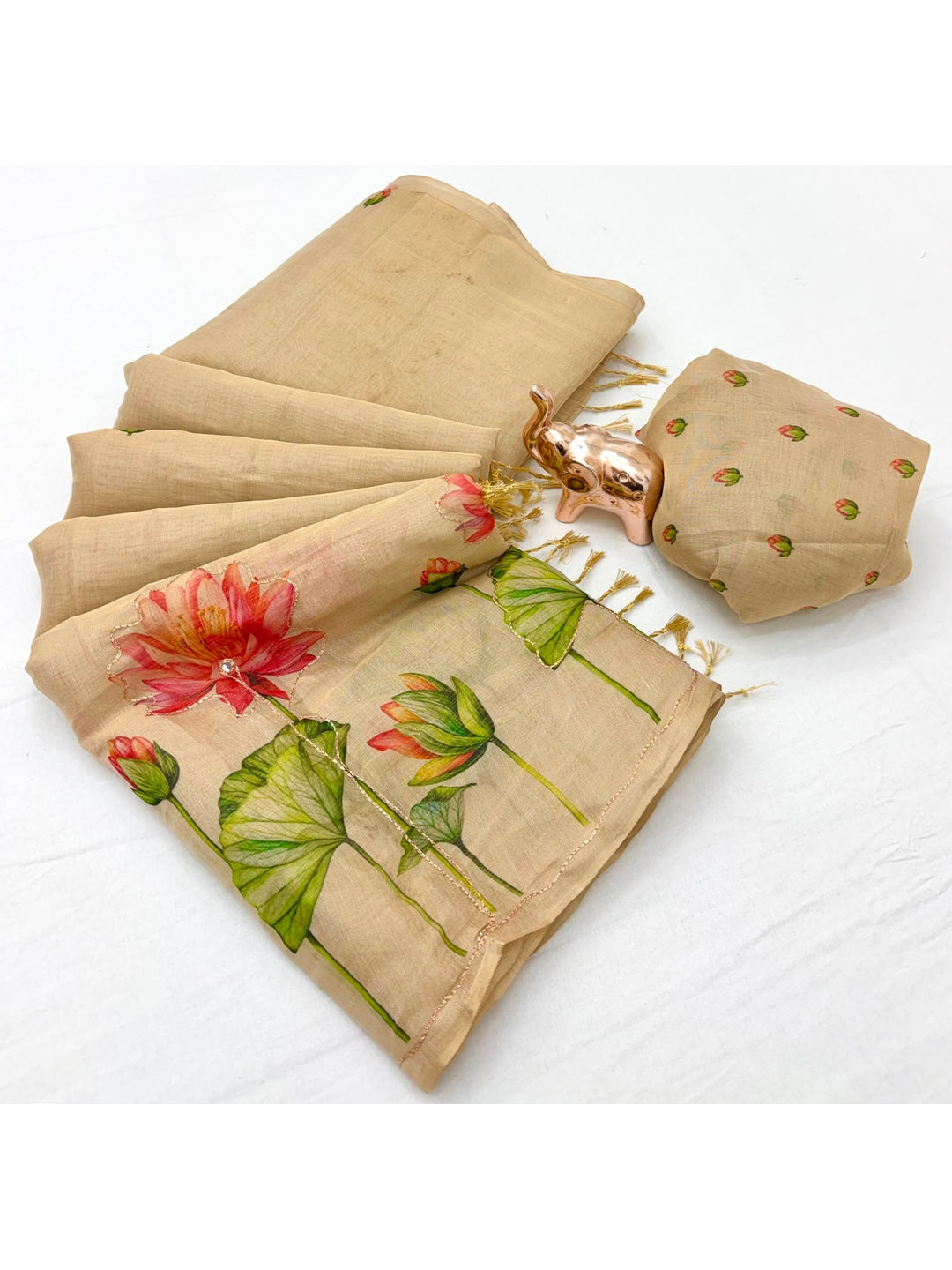 Peachmode Beige Tissue Silk Floral Embroidered Saree I - Image 2