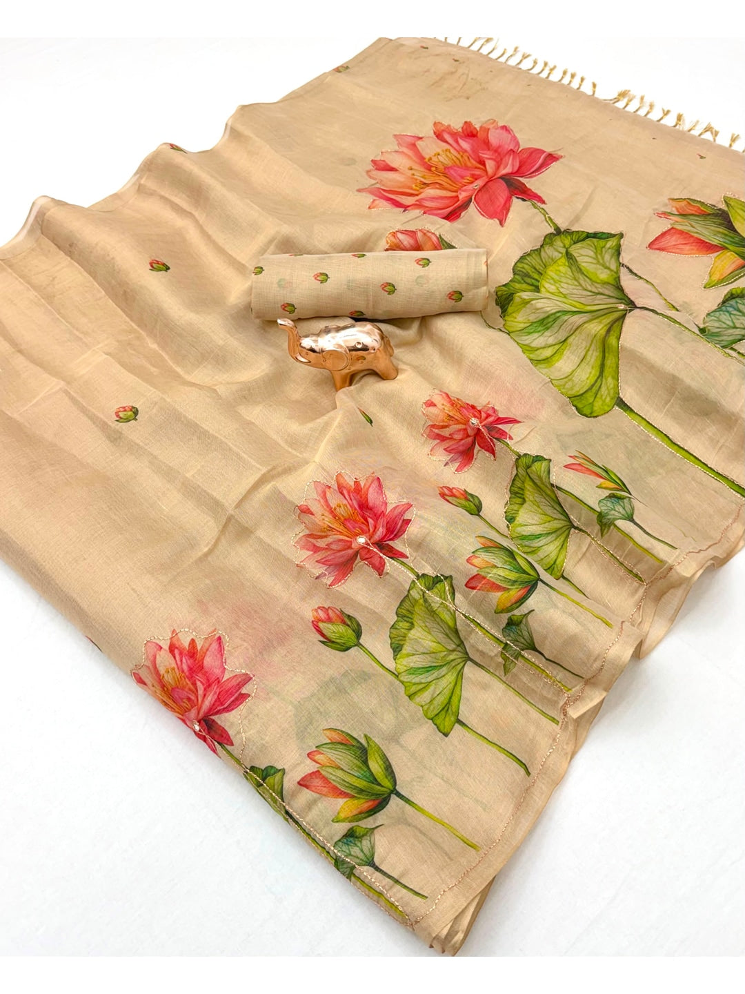 Peachmode Beige Tissue Silk Floral Embroidered Saree I - Image 3