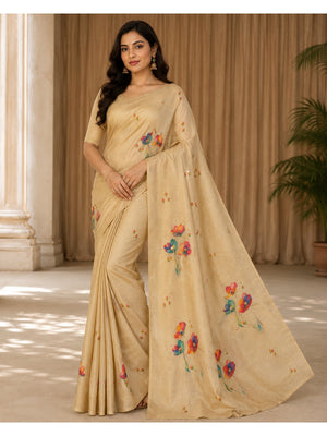 Peachmode Beige Tissue Silk Floral Embroidered Saree J - Image 1