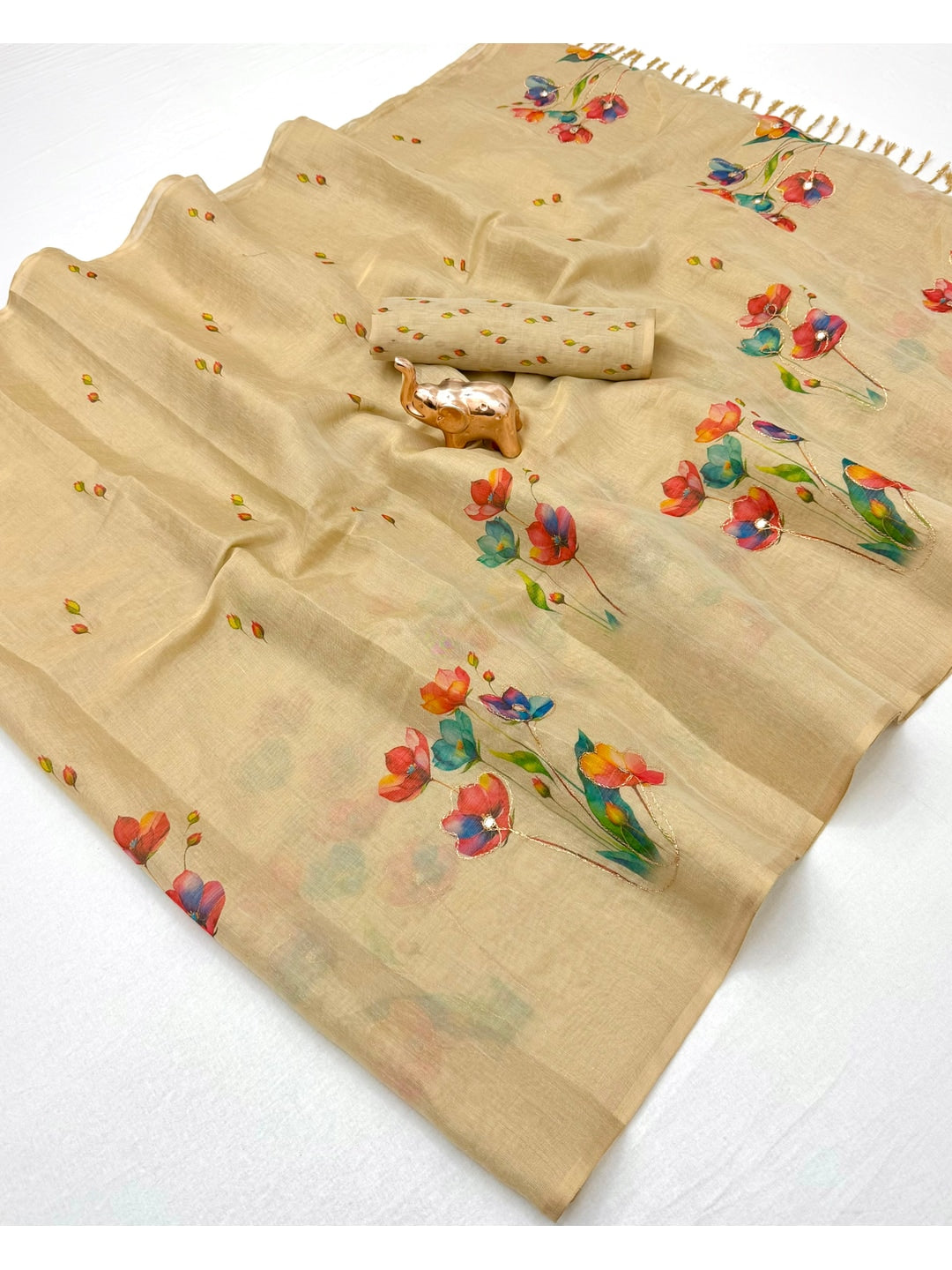 Peachmode Beige Tissue Silk Floral Embroidered Saree J - Image 2