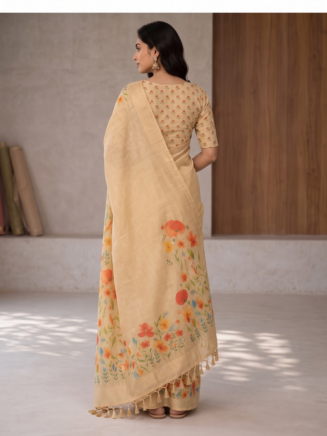 Peachmode Beige Tissue Silk Floral Embroidered Saree F - Image 4