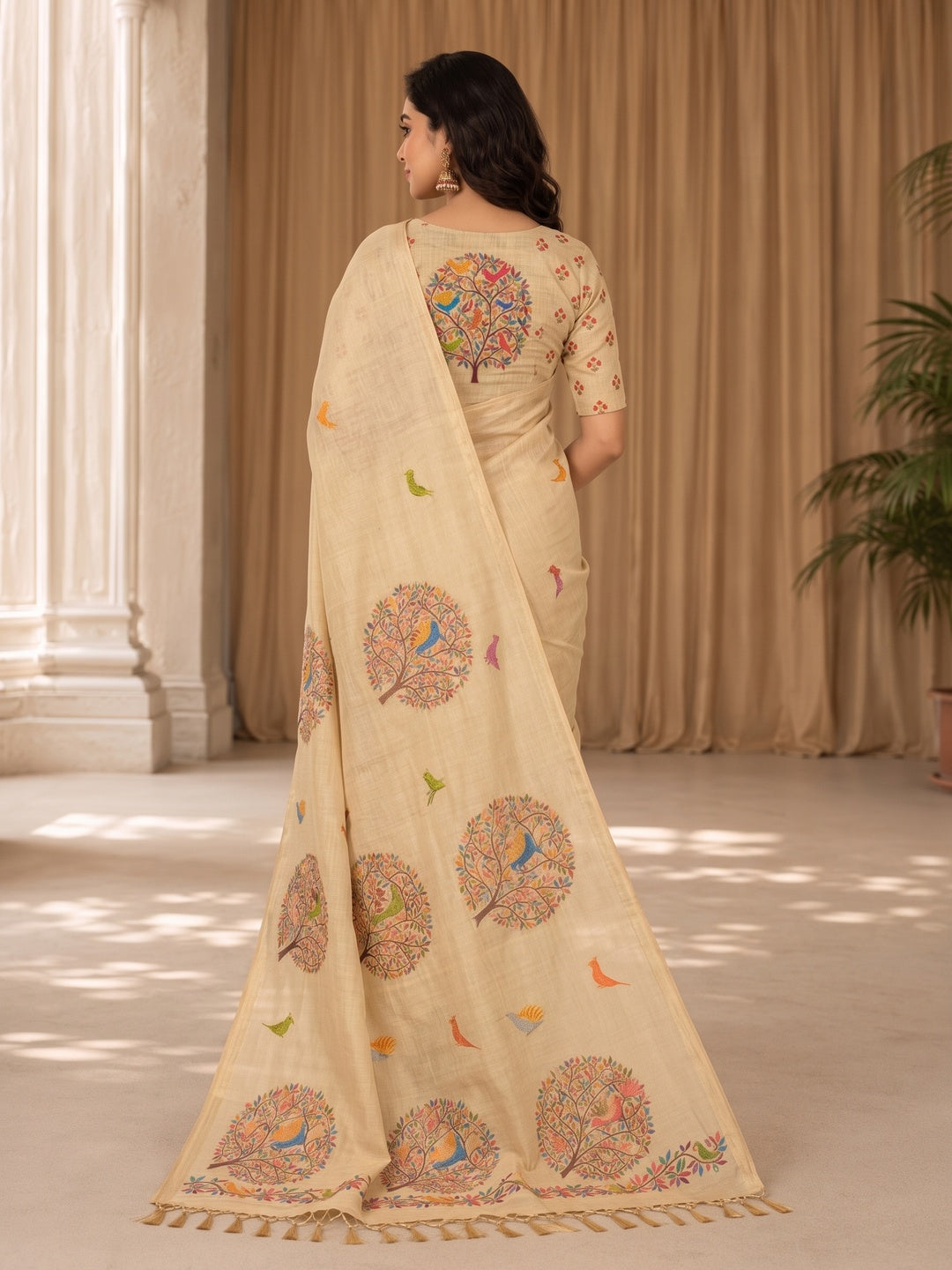Peachmode Beige Tissue Silk Floral Embroidered Saree C - Image 4