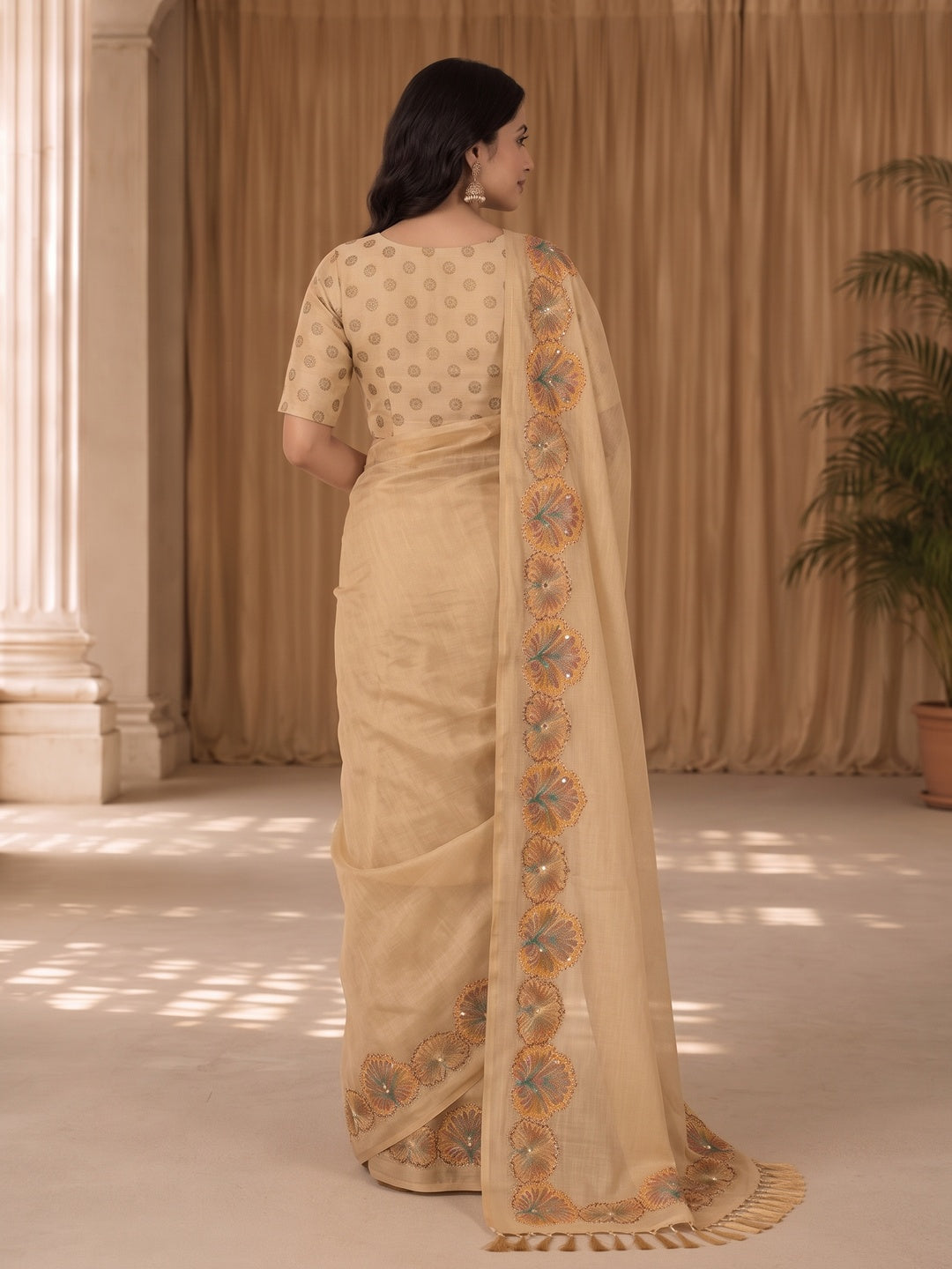 Peachmode Beige Tissue Silk Floral Embroidered Saree A - Image 4