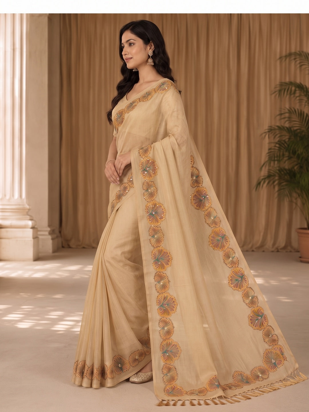 Peachmode Beige Tissue Silk Floral Embroidered Saree A - Image 5