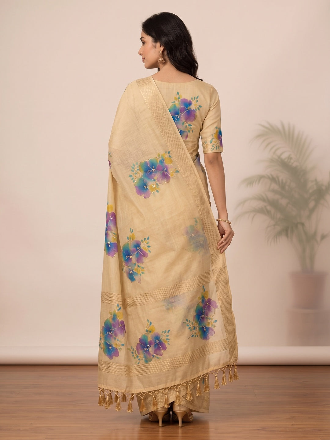 Peachmode Beige Tissue Silk Floral Embroidered Saree G - Image 4