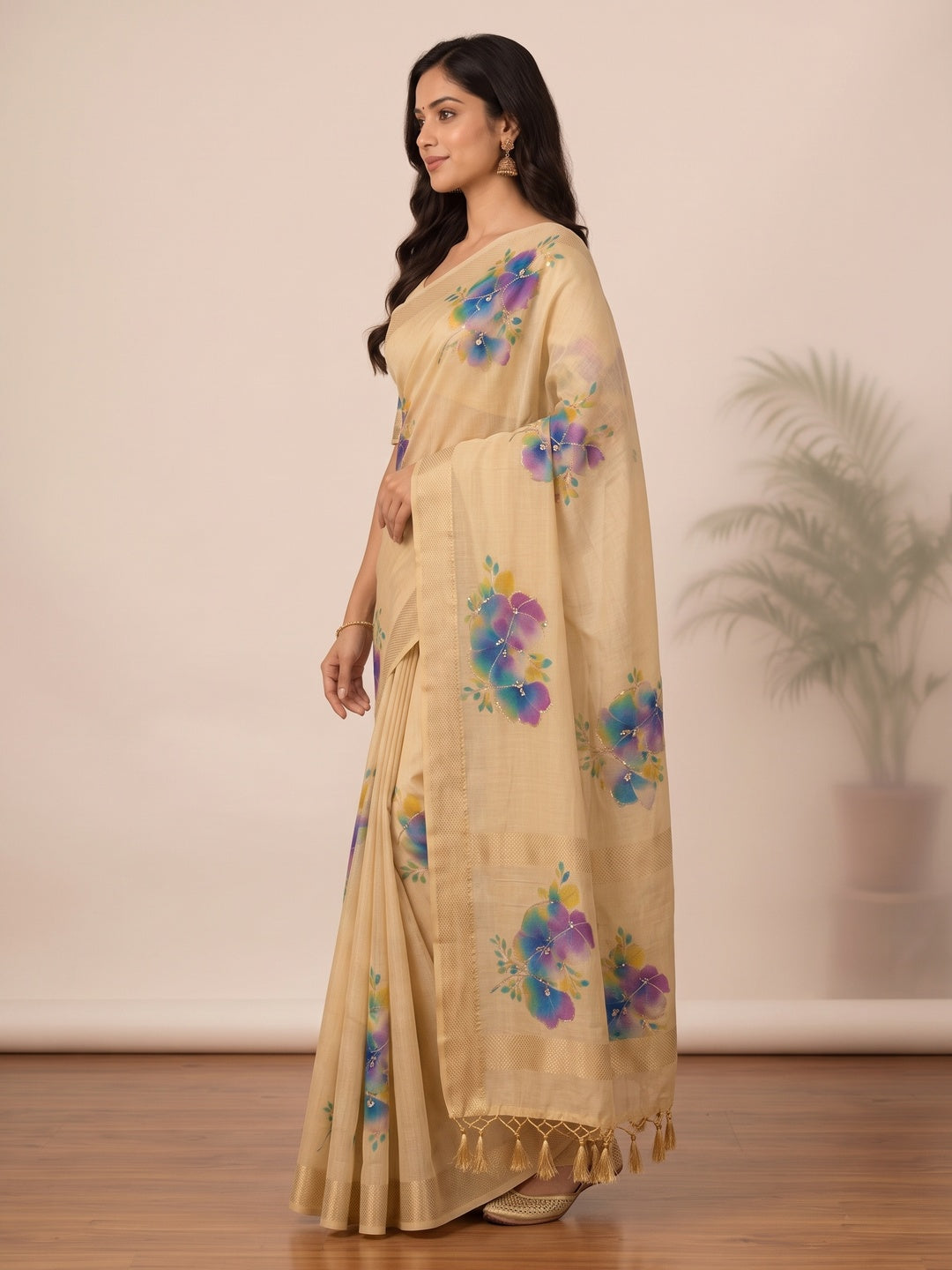 Peachmode Beige Tissue Silk Floral Embroidered Saree G - Image 5