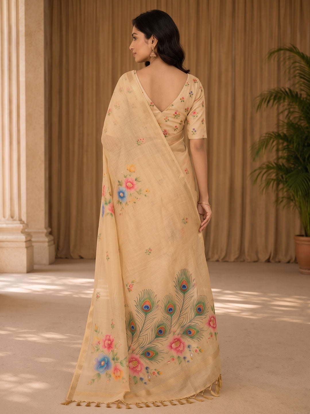 Peachmode Beige Tissue Silk Floral Embroidered Saree D - Image 4