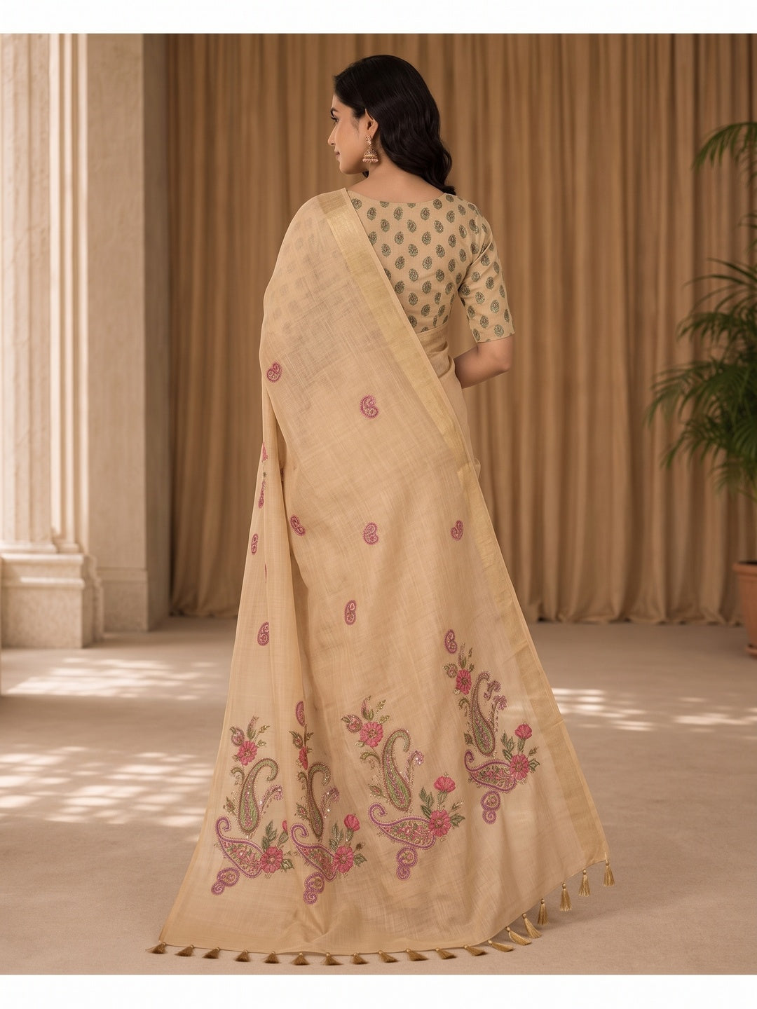 Peachmode Beige Tissue Silk Floral Embroidered Saree B - Image 4