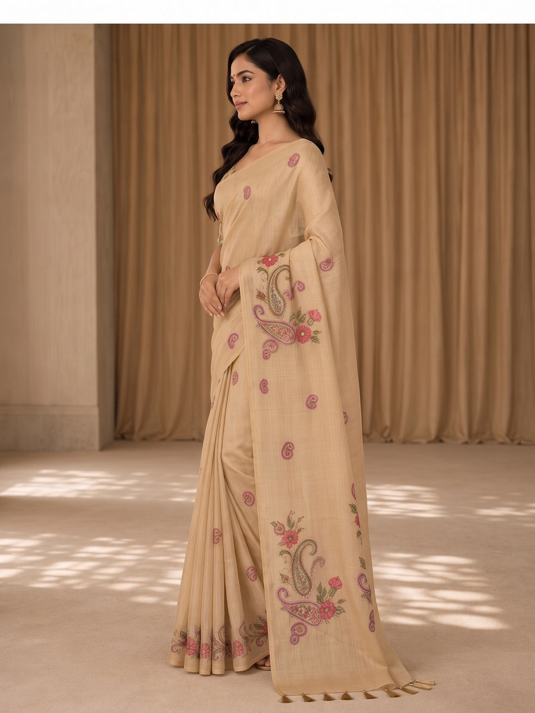 Peachmode Beige Tissue Silk Floral Embroidered Saree B - Image 5