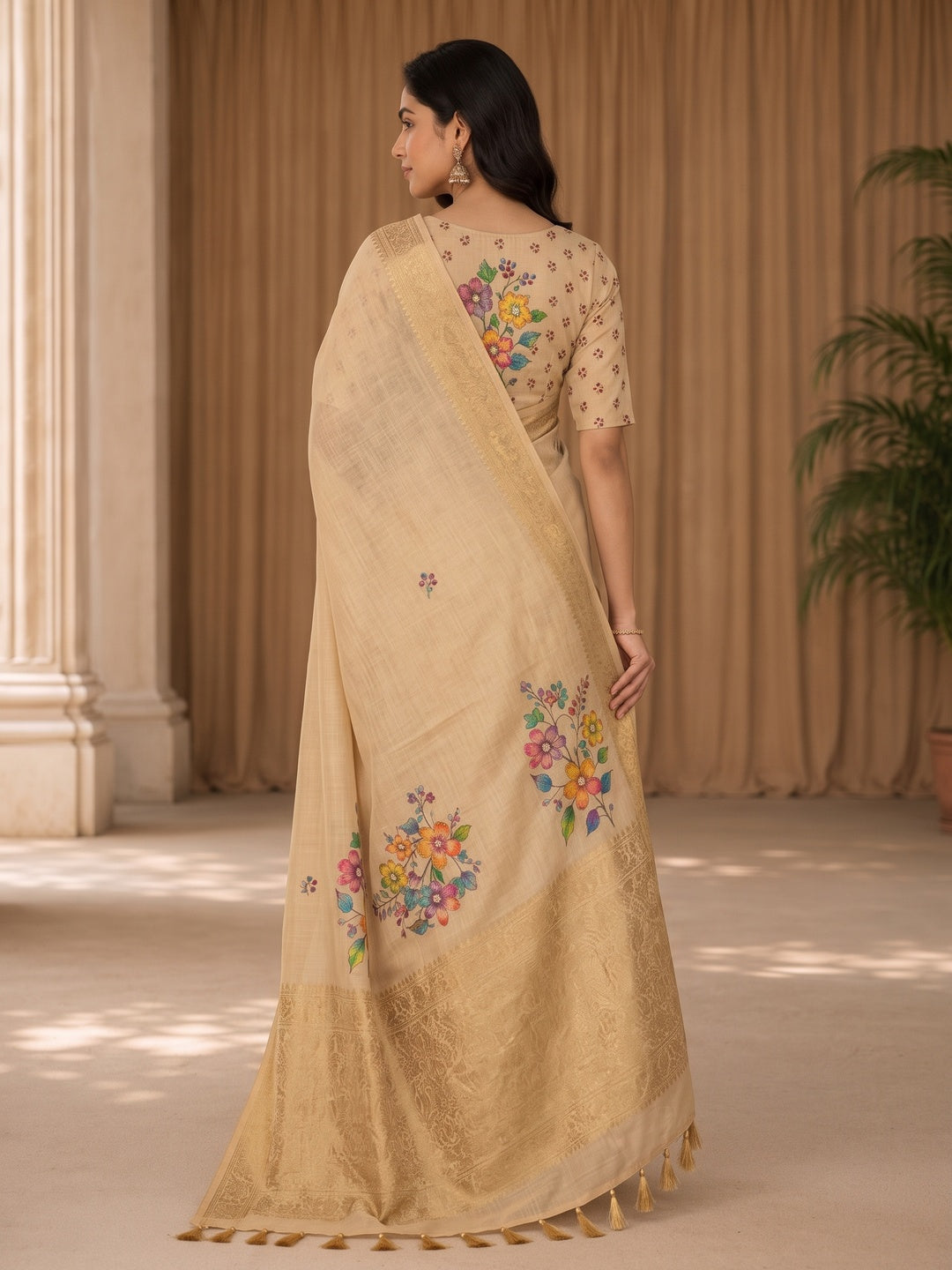 Peachmode Beige Tissue Silk Floral Embroidered Saree H - Image 4