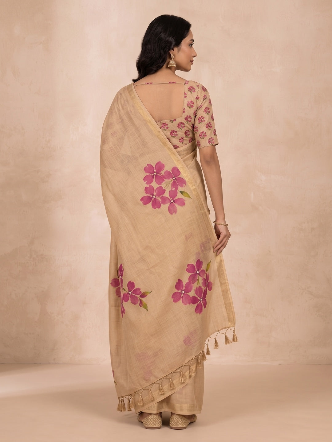Peachmode Beige Tissue Silk Floral Embroidered Saree E - Image 4