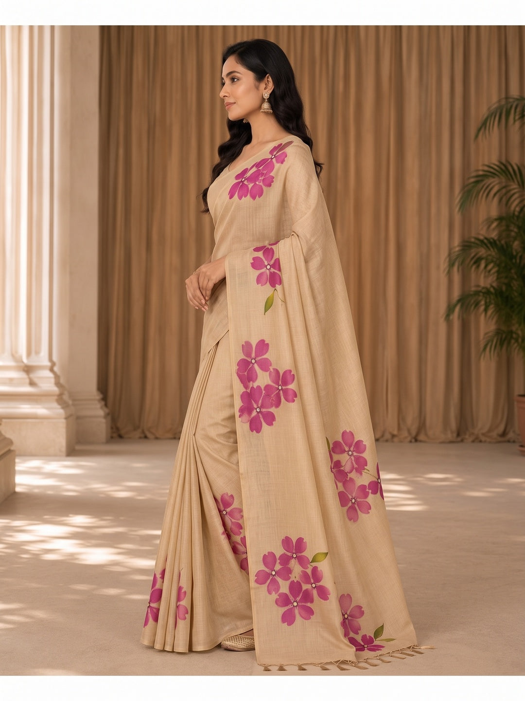 Peachmode Beige Tissue Silk Floral Embroidered Saree E - Image 5