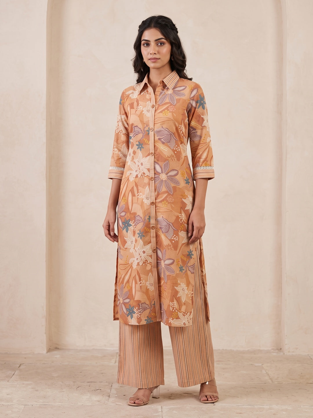 Peach Pure Cotton Floral Printed Top Bottom Set - Image 1
