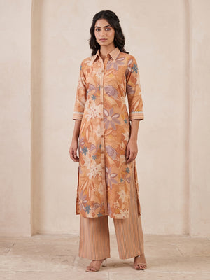 Peach Pure Cotton Floral Printed Top Bottom Set - Image 1
