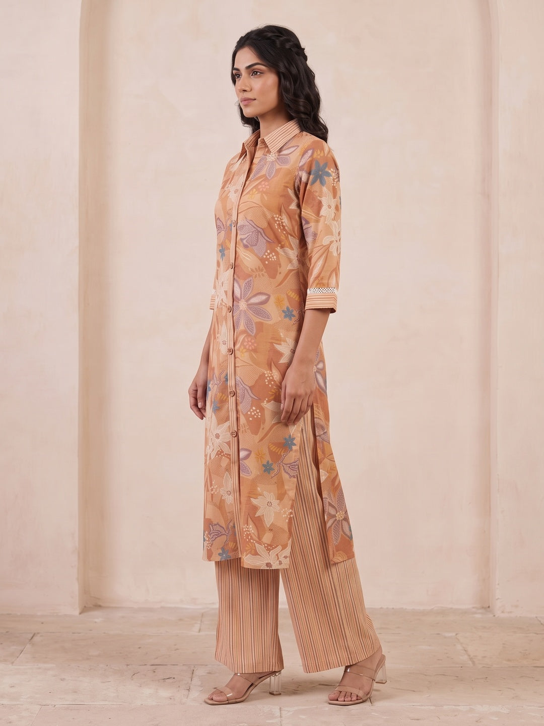 Peach Pure Cotton Floral Printed Top Bottom Set - Image 2