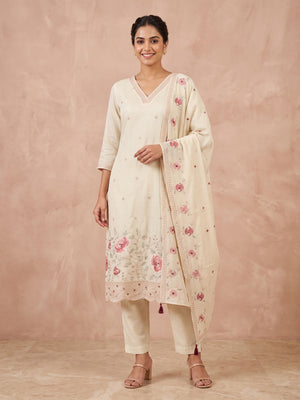 Off White Viscose Blend Embroidered Salwar Suit Set - Image 1