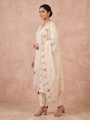 Off White Viscose Blend Embroidered Salwar Suit Set - Image 2