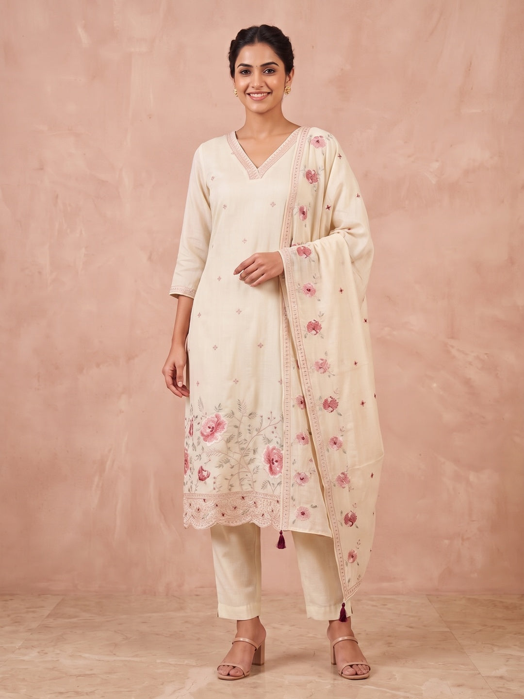 Off White Viscose Blend Embroidered Salwar Suit Set - Image 3