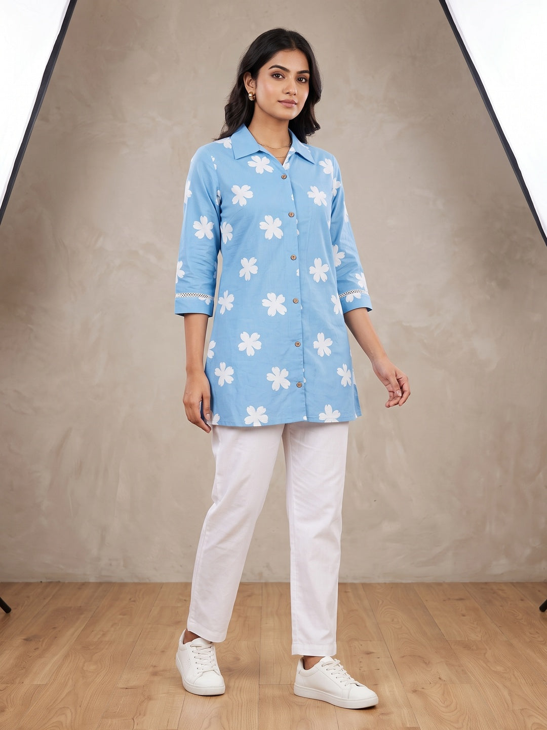 Blue Pure Cotton Floral Printed Top - Image 1