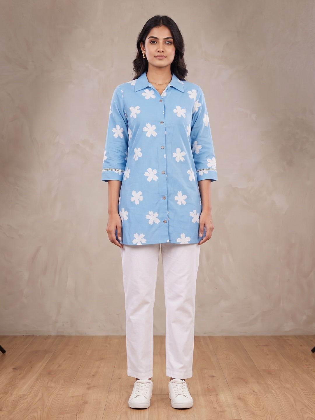 Blue Pure Cotton Floral Printed Top - Image 3