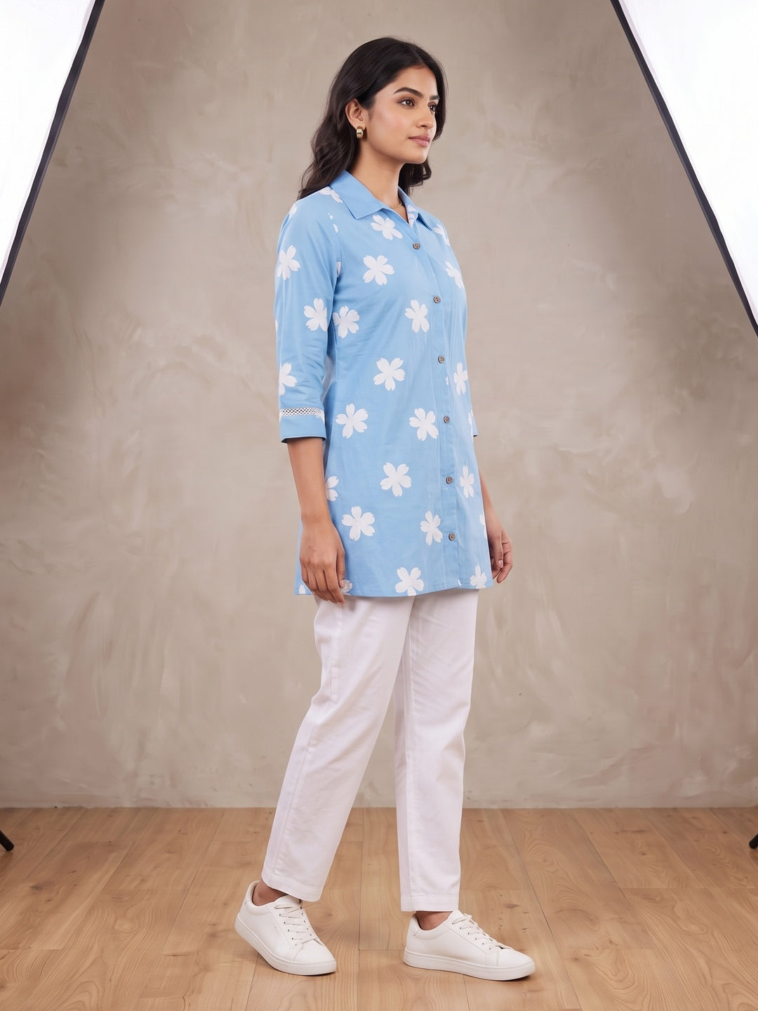 Blue Pure Cotton Floral Printed Top - Image 4