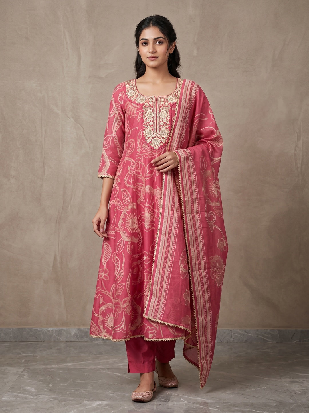 Pink Chanderi Silk Embroidered Salwar Suit Set - Image 1