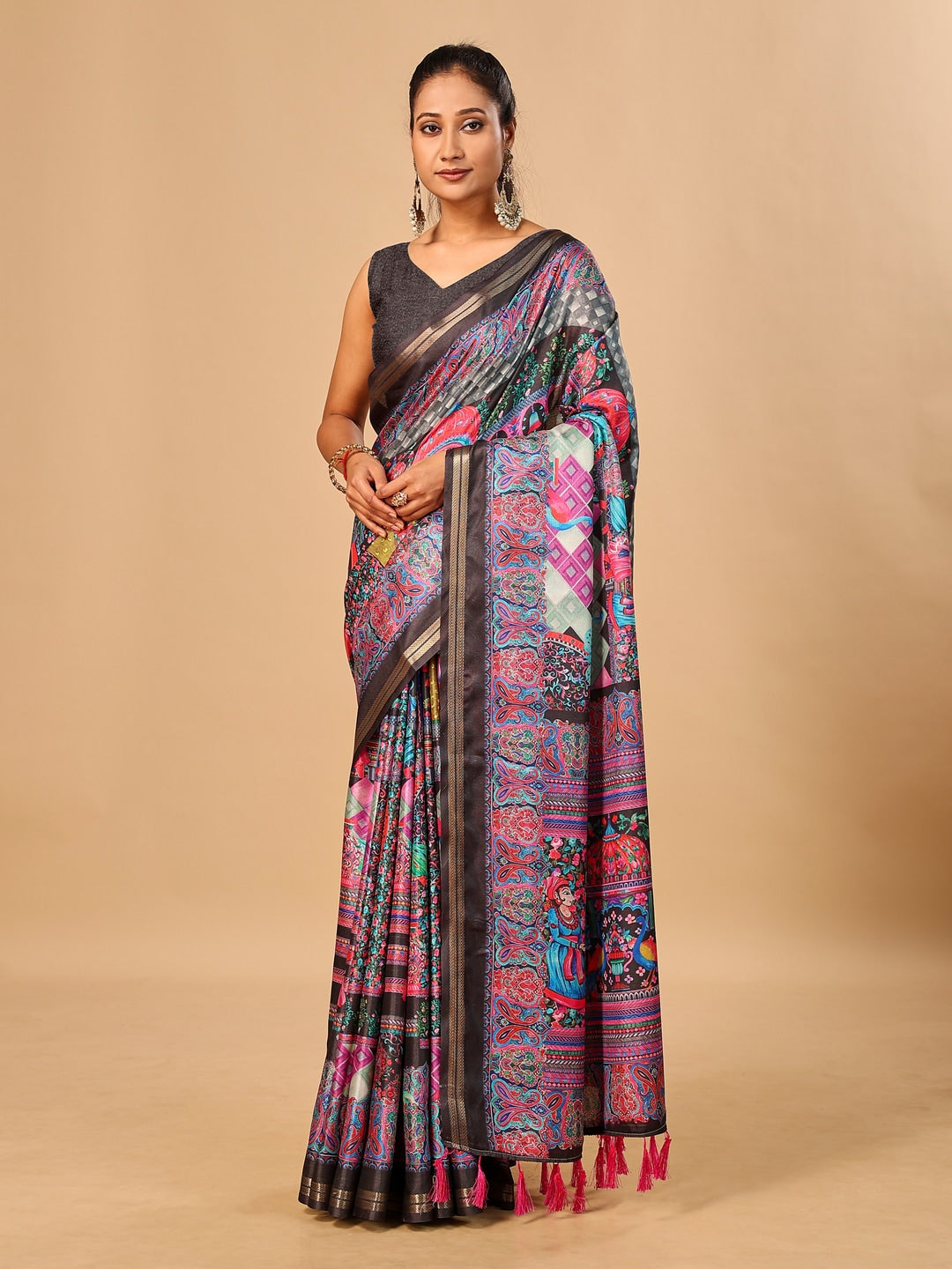 Peachmode Black Pashmina Print Soft Tussar Silk Saree - Image 1