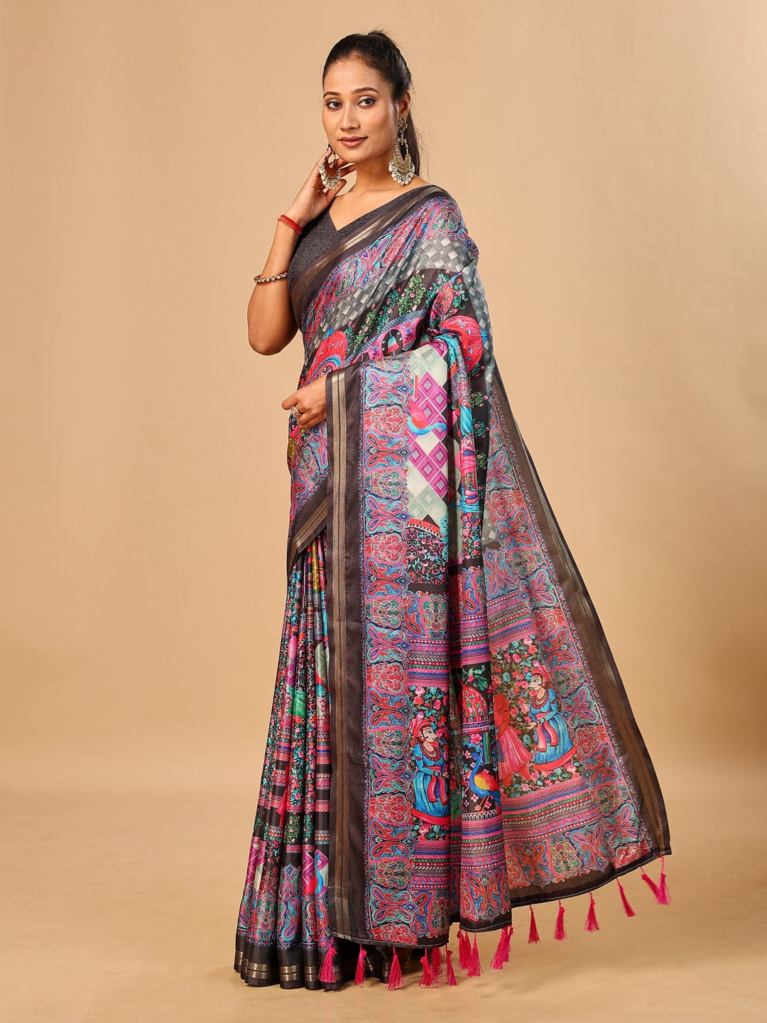 Peachmode Black Pashmina Print Soft Tussar Silk Saree - Image 2