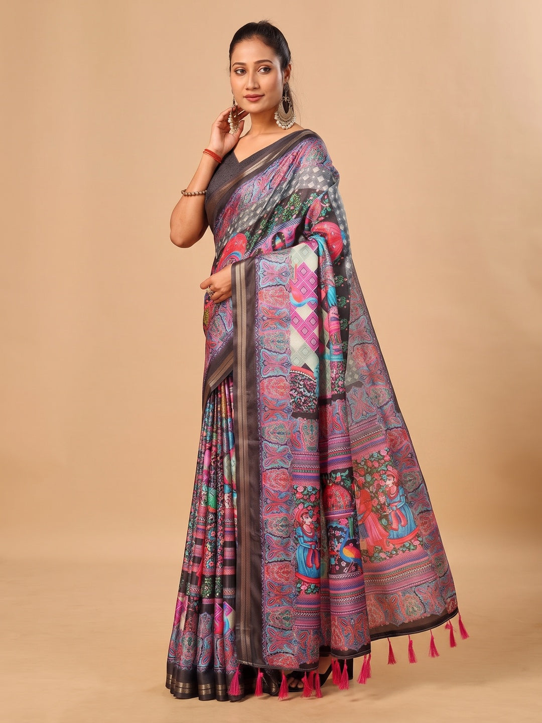 Peachmode Black Pashmina Print Soft Tussar Silk Saree - Image 5